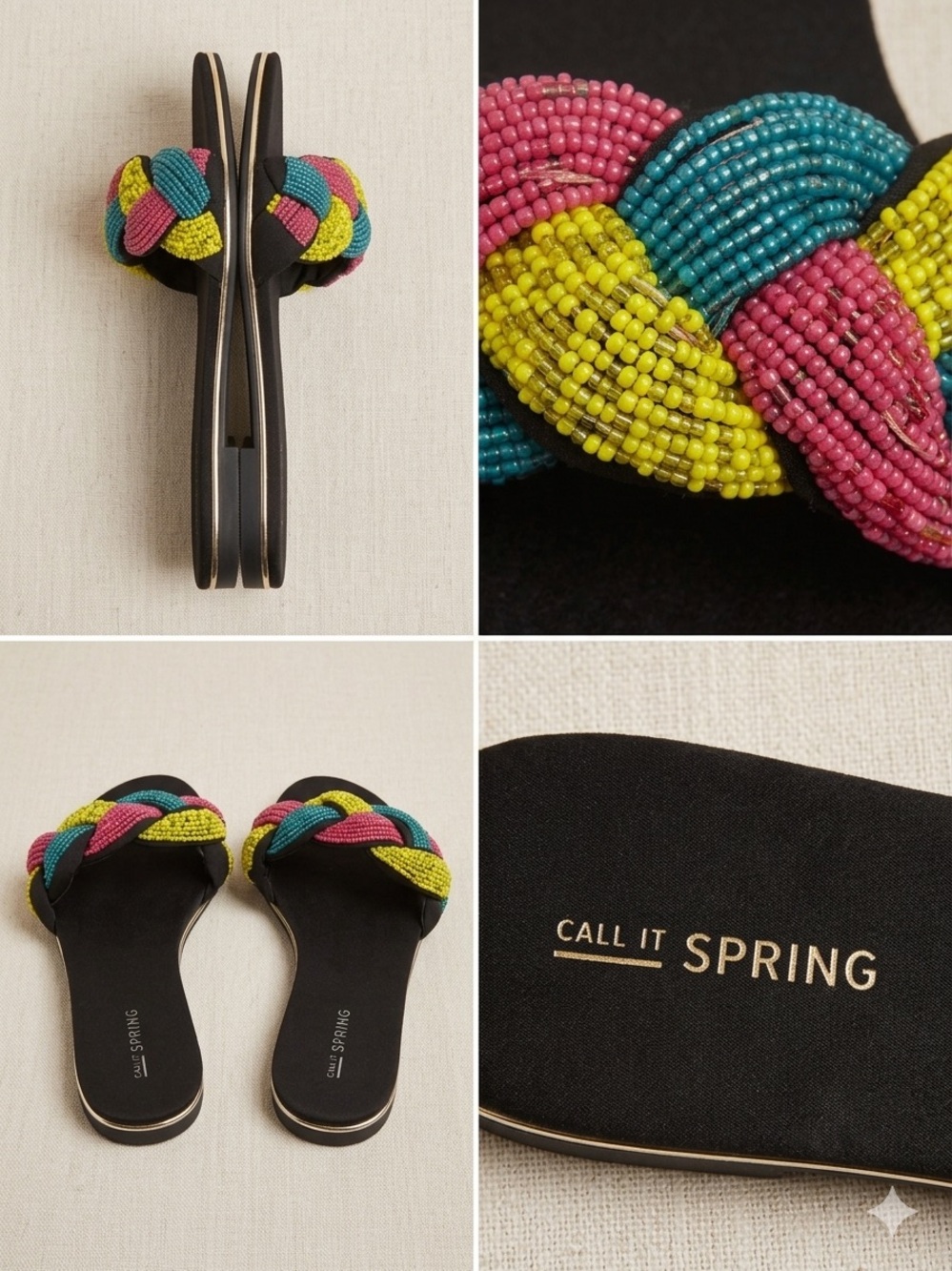 Call It Spring Women's Braided Beaded Slide Sandals — Pink, Teal & Yellow